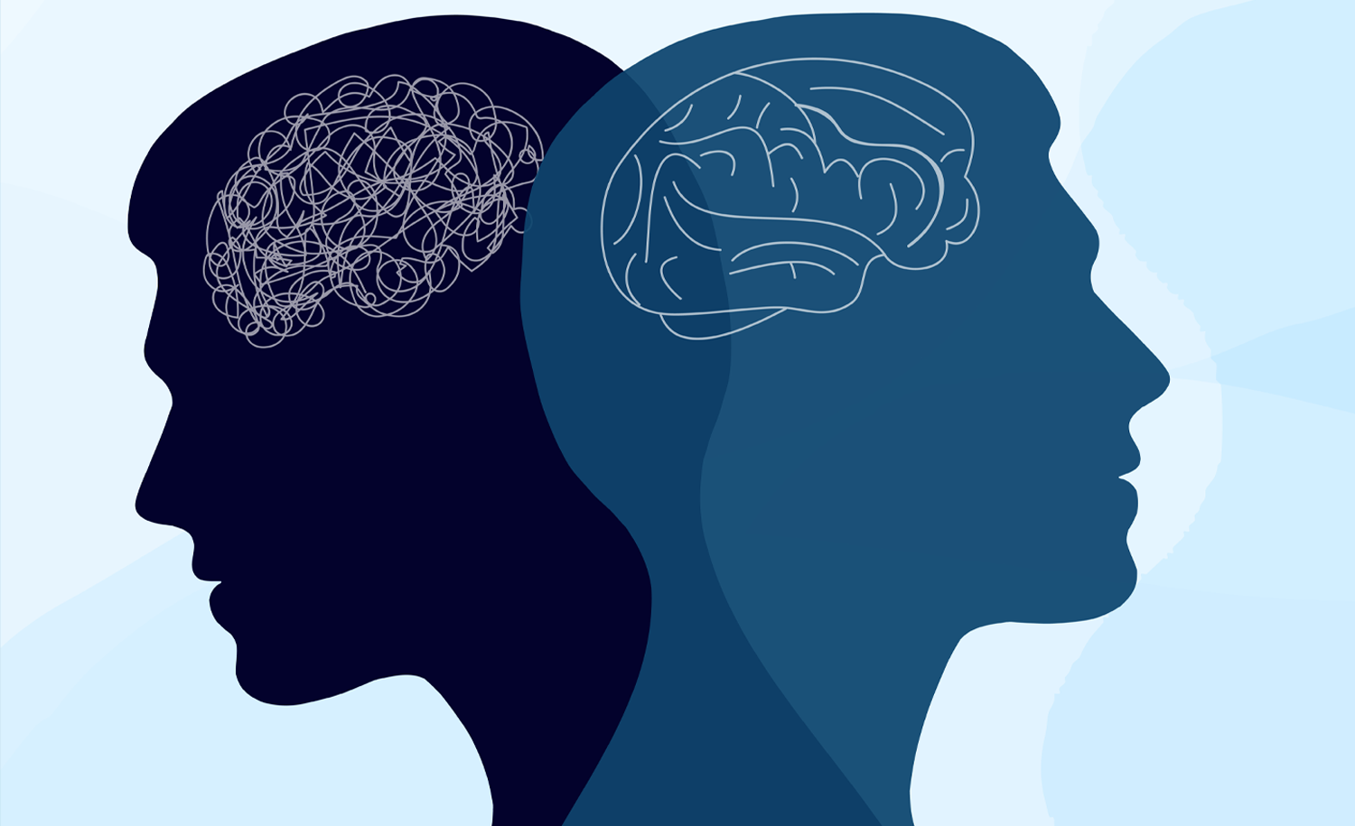 A graphic of two transparent 2D faces showing a line representation of the brain in their heads.