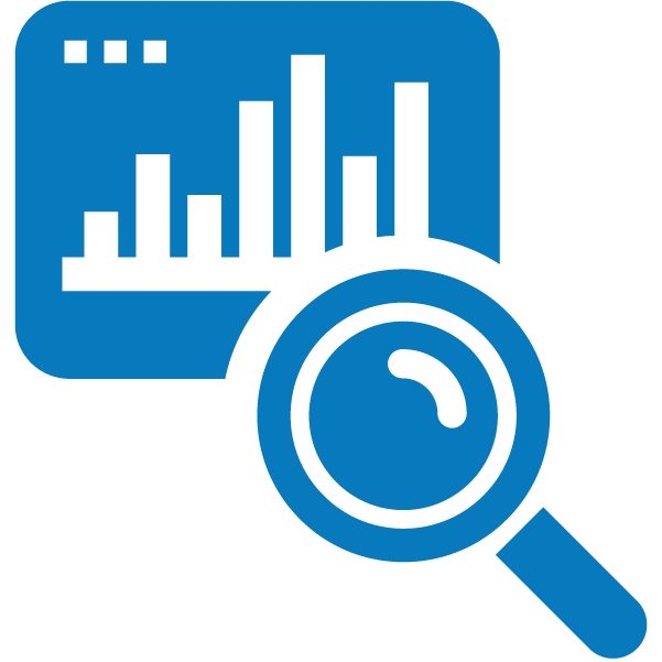 Blue magnifying glass icon with bar graph