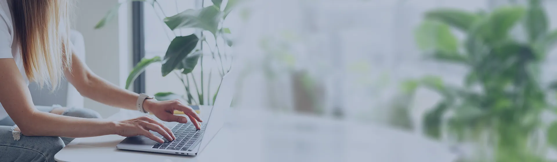 Woman typing on laptop with plants in an office space