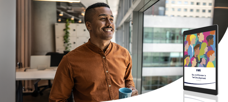 A man smiles while looking away out a window. In the foreground, a graphic image of the PAR white paper Sex and Gender in Test Development is shown to represent the topic